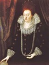 1600 Queen Elizabeth I wearing high straight coiffure and scoop neckline by ? (location ?) From bjws.blogspot.com:search?q=Elizabeth+I X 4:3 shadows