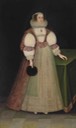 1630 Anne, called Mary, Lady Offley, full-length, in a white embroidered dress, pink and gold embroidered overcoat, lace ruff and headdress, holding a fan in her right hand by ? (auctioned by Christie's) UPGRADE From the Christie's Web site)
