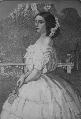 1863 Princess Cecile of Baden, Grand Duchess Olga Feodorovna before bridge and mountains by ? From mariaroyalcollection.blogspot.com/2012/11/princess-cecile-of-baden-grand-duchess