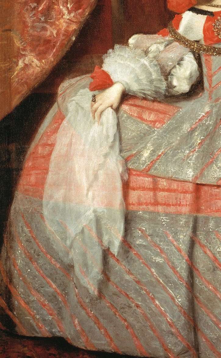 1665 La infanta Margarita de Austria by Juan Bautista Martínez del Mazo (Colección Real via Museo Nacional del Prado - Madrid, Spain) AR handkerchief and brocade