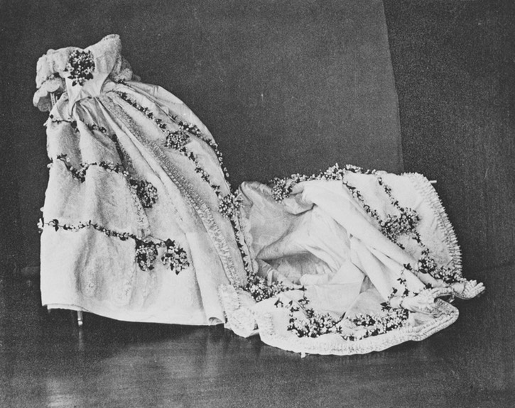 1858 Wedding dress and train worn by Victoria, Princess Royal, draped ...